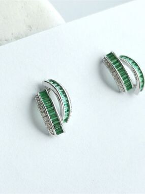 Emerald Cz Art Deco Crescent Stud  earrings 14k white gold Overlay 🆕